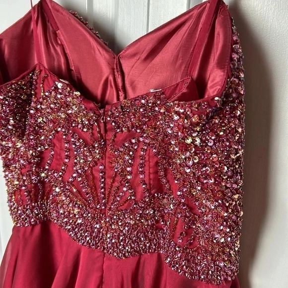 SHERRI HILL corset strapless flounce skater dress,rhinestones fit&flare,glam,red - Picture 11 of 16